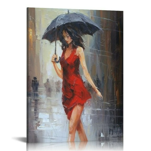 Awypu Abstract Wall Art Rain Modern Canvas Painting Girl Umbrella with Red Dress Walking in Street Figure Artwork