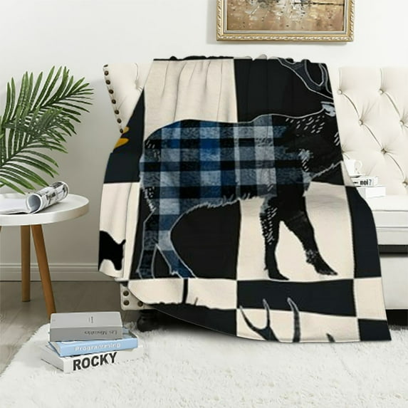 Nawypu Adult Cabin Throw Blanket Throw Size, Retro Rustic Lodge Blanket Bear Deer Elk Sherpa Blanket Country Buffalo Plaid Patchwork Fuzzy Blanket Christmas Deer Decorations Indoor, Blue Grey