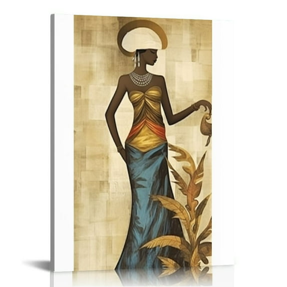 Nawypu Africa American Canvas Wall Art Traditional African Women Picture Ethnic Tribe Lady Dancers Paintings Print Abstract Grey Yellow Artwork Stretched and Framed for Home 16x20in