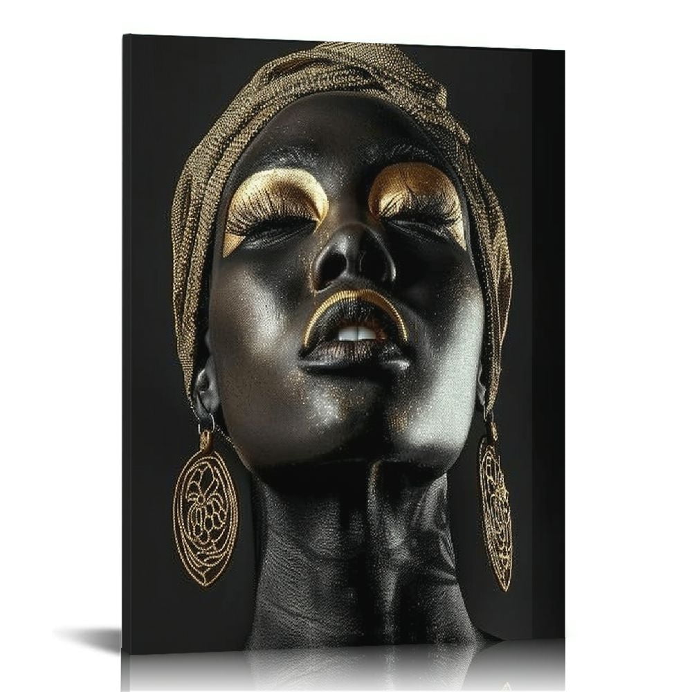 Nawypu African American Canvas Wall Art, Black and Gold Abstract Beauty
