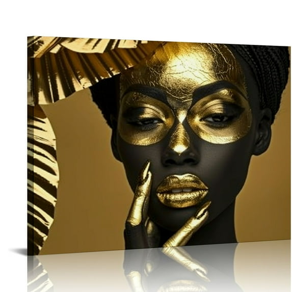 Nawypu African American Wall Art Gold Foil Black Woman Canvas Wall Art Abstract Girl Painting Print Modern Artwork Home Decor Frame