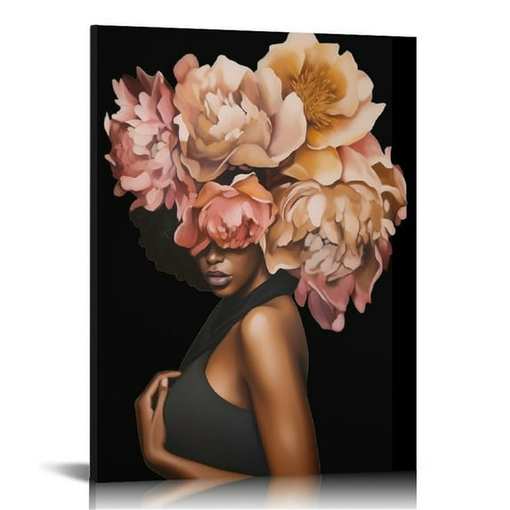 Nawypu African American Wall Art Pink Flower on Black Women Head Vintage Canvas Art Paintings Modern Abstract Girl Picture Home Wall Decor for Bedroom Living Room, Framed Ready to Hang