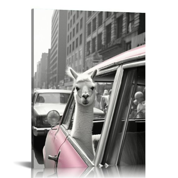 Nawypu Alpaca Wall Art Canvas Print Black and White Animal Portrait Street View Art Decor for Living Room Bedroom