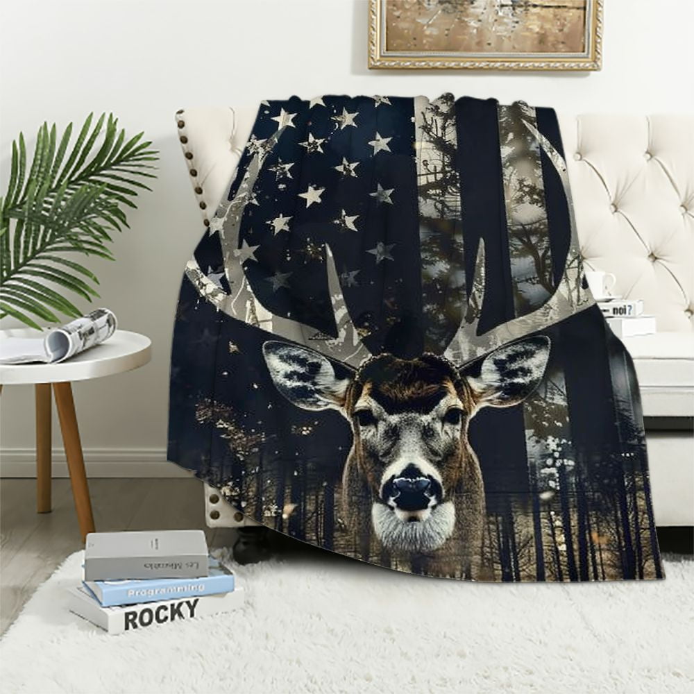 Nawypu American Flag Blanket American Flag USA Camo Buck Deer Hunting