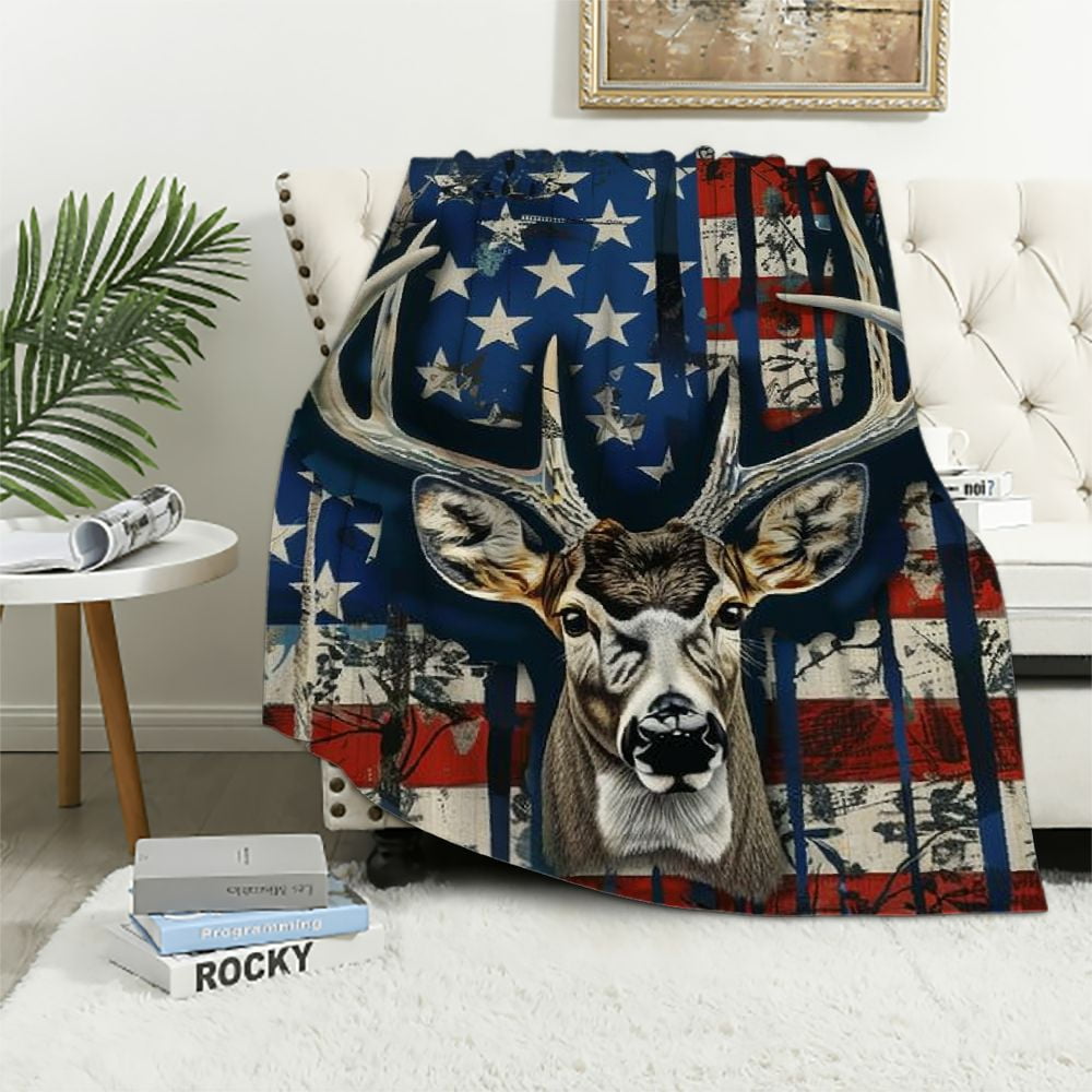 Nawypu American Flag Blanket American Flag USA Camo Buck Deer Hunting
