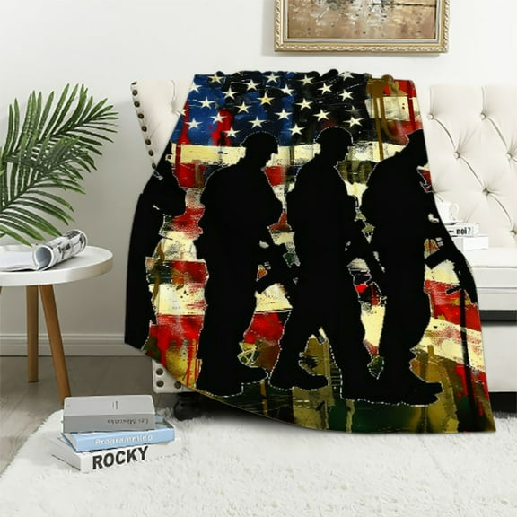 Nawypu American Flag Blanket for Boy Teen Armygreen Camouflage Plush Throw Blanket Adult Men Youth Vintage Usa Flag Stripes Military Style Camo Blanket Soldier Silhouettes Bed Blanket