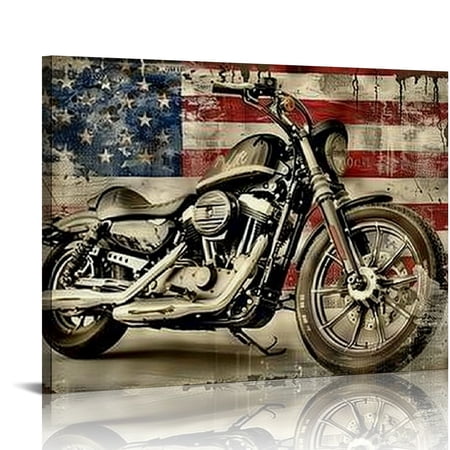 Nawypu American Flag Motorcycle Wall Art - Vintage Map of USA Pictures Retro Motorcycle Wall Decor American Freedom Ride Canvas Painting Print Modern Classic Artwork for Home