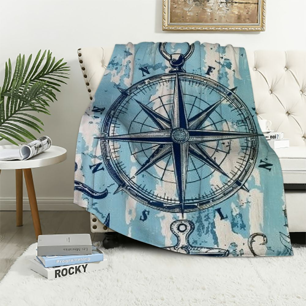 Nawypu Anchor Decor Sherpa Blanket Nautical Compass Blanket for Bed