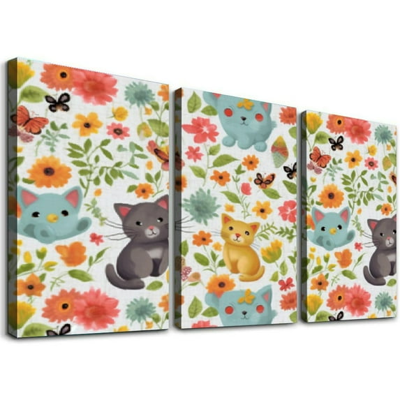 Nawypu Animal Canvas Wall Art, Framed Canvas Prints Cartoon Animals Flowers Cat Dog Bird Painting Pictures Print On Canvas Ready to Hang Wall Decor for Living Room, Bedroom, 12''x16''X3 Panels