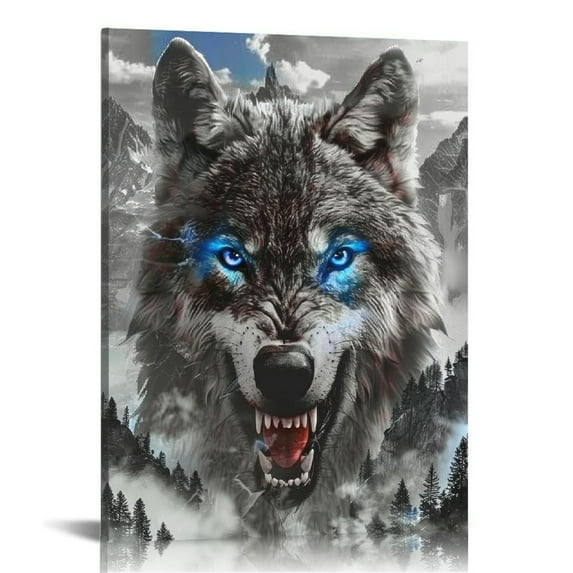 Nawypu Animal Poster Black And White Wild Angry Wolf Head Blue Eyes Art Poster Wall Art Paintings Canvas Wall Decor Home Decor Living Room Decor Aesthetic