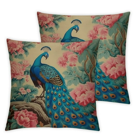 Nawypu Aqua and Green Red Peacock Bird Floral Chinoiserie Throw Pillow Cover Asian Inspired Pillow Case 2PCS Cushion Cover Vintage Pillow Covers Home Decor for Couch Sofa Bed Car