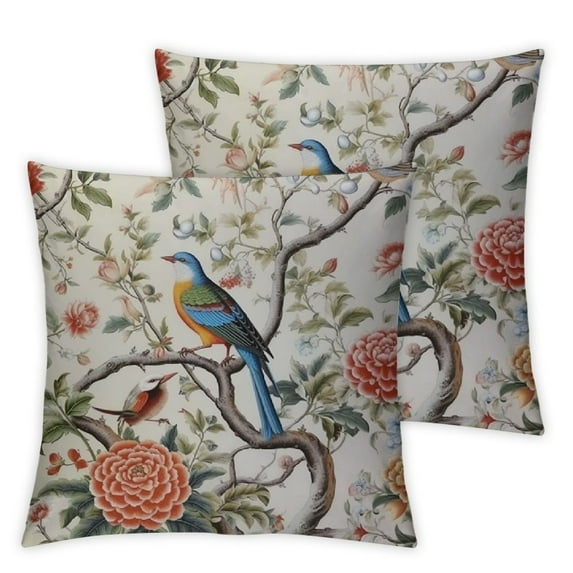 Nawypu Asian Scenic Chinoiserie Throw Pillow Cushion Bird in Peony Tree Coral Flower Throw Pillow Covers Red Peony Flower Animal Bird Throw Pillow Case Farmhouse Decor 2pcs White