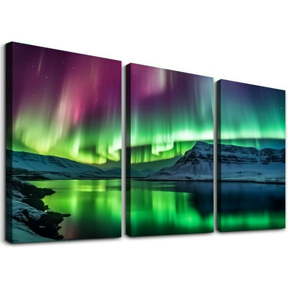 Nawypu  Aurora Borealis Canvas Picture Northern Lights Canvas Wall Art Snow Mountain Painting Large Landscape Decor Frame (Aurora Borealis Canvas - 12''x16''X3 Panels