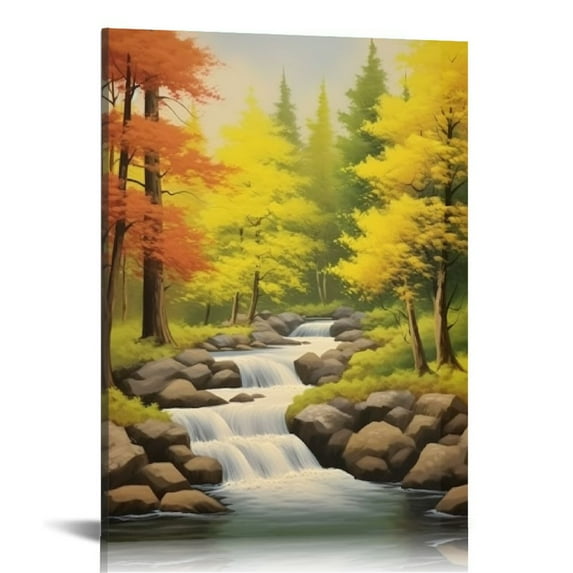 Awypu  Autumn Fall Wall Art - River Flowing In Autumn Canvas Print - Vintage Fall Landscape Pictures Wall Decor - Thanksgiving Canvas Art Fall Posters Warm Fall