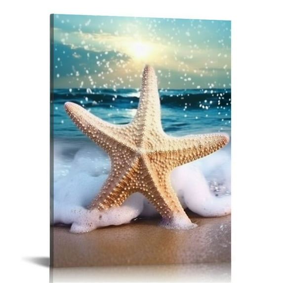Nawypu Bathroom Beach Canvas Wall Art Blue Ocean Picture Sea Shell Print Seaside Starfish Painting Aqua Seascape Artwork Sand Wave Coastal Sealife Wall Art for Bedroom