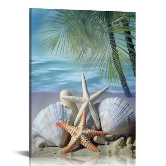 Nawypu Bathroom Blue Ocean Picture Nursery Canvas Wall Art Palm Tree Coastal Conch Seashell Painting Starfish Modern Artwork Framed for Bedroom Living Room Home Office Wall Decor