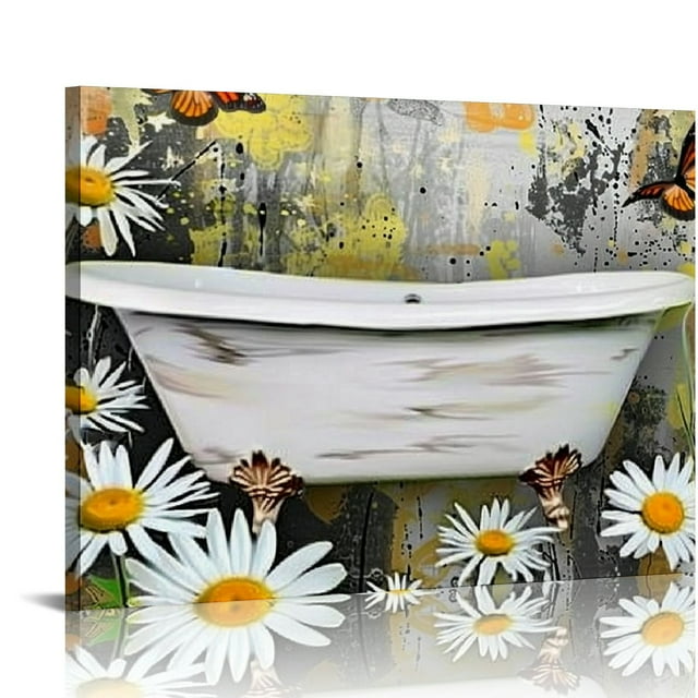 Nawypu Bathroom Canvas Wall Art Prints Framed Ready to Hang Yellow Grey ...
