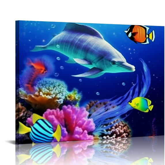 Nawypu Bathroom Canvas Wall Art Sea Turtle Wall Decor for Living Room Colorful Fish Coral Dolphin Ocean Theme Underwater World Pictures for Bedroom Navy Seascape Artwork Framed Nautical 20 x 16in