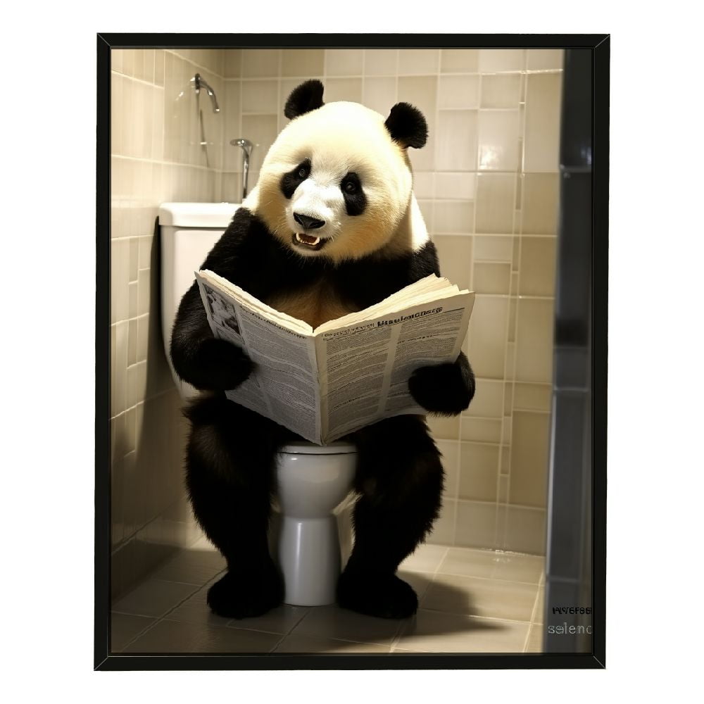 Nawypu Bathroom Wall Art Cute Panda Sitting on Toilet Reading Newspaper ...