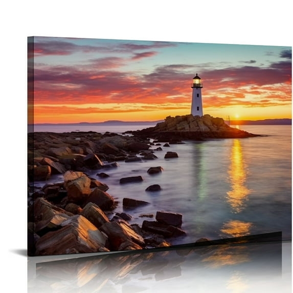 Nawypu Beach Landscape Lighthouse Wall Art Sunrise Coastal Seascape Wall Decor for Living Room Nautical Ocean Prints Paintings Nature Scenery Canvas Prints Large Artwork Home Decoration 20x16 inch