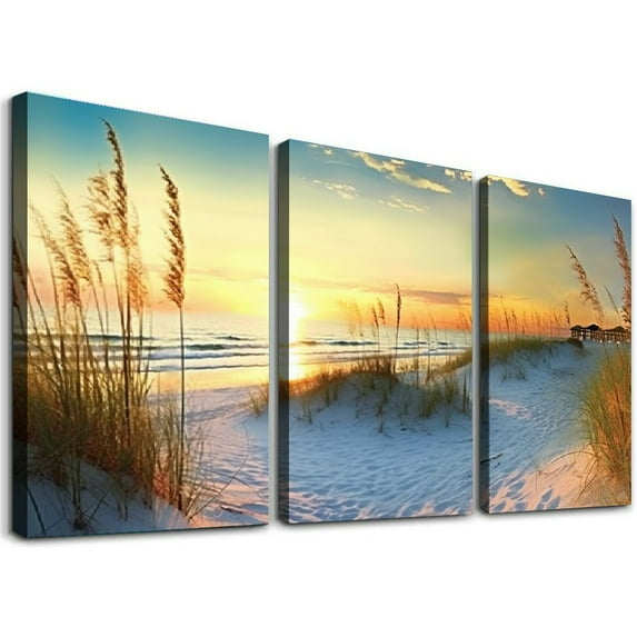 Nawypu Beach Ocean Picture Decor Wall Art Blue Natural Landscape for Office Living Room Canvas Framed 12''x16''X3 Panels