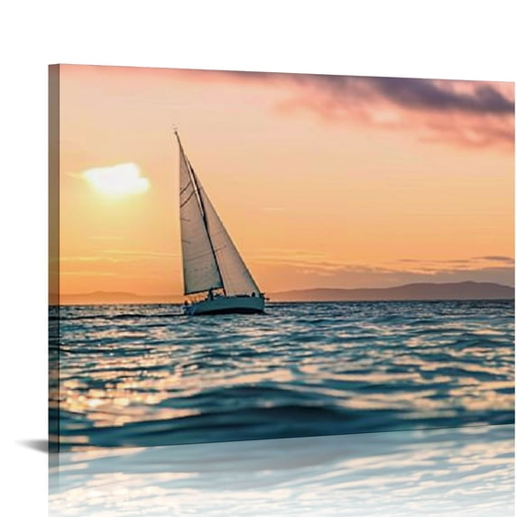 Nawypu Beach Picture Sunset Canvas Art: Seascape Painting with Sailboat & Coastal Conch Artwork Wall Art for Bedroom