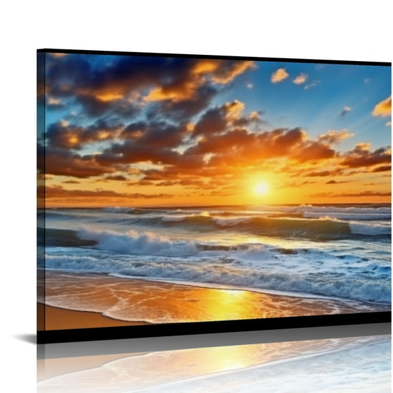 Nawypu Beach Pictures Wall Art for Bedroom,Sunset Waves Coast Nature Landscape, Modern Artwork Ocean Canvas Art Prints, Ready to Hang for Living Room Kitchen Home Decoration