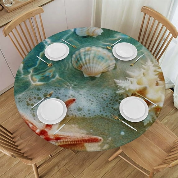 Nawypu Beach Starfish Seashell Round Fitted Edged Table Cover with Elastic Edge,Nautical Ocean Round Table Cover Wipeable Washable Table Clothes for Kitchen Dining Party Patio Card Table
