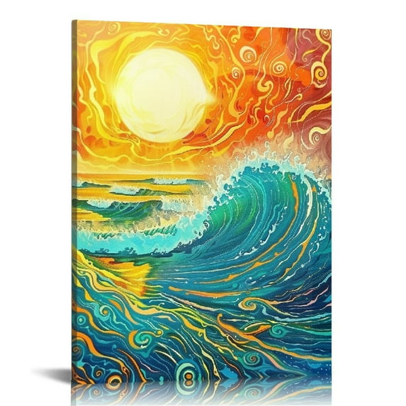 Nawypu Beach Sunset Wall Art Prints - Sunrise Sunset Pictures Wall Decor, Abstract Ocean Waves Sunset Poster, Colorful Orange Beach Pictures Seascape Ocean Sunset Painting for Bedroom