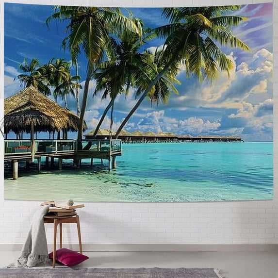 Nawypu Beach Tapestry, Empty Hammock Between Palm Trees Beach with Vibrant Summer Sky Picture, Fabric Wall Hanging Decor for Bedroom Living Room Dorm, 40" X 60", Coconut Blue