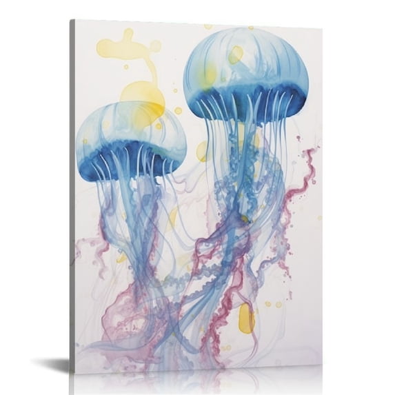 Nawypu Beach Theme Canvas Wall Art, Watercolor Jellyfish, Sea Nautical Artwork Print Wall Decor Framed, Coastal Ocean Paintings Wall Decorations for Home Bathroom, Ready to Hang