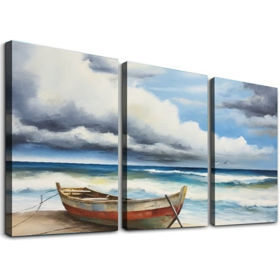 Nawypu Beach Wall Art Boating Pictures: Blue Paintings Canvas Wall Art boats, Beach Pictures Canvas Prints Wall Art Bedroom Large Painting Size 12''x16''X3 Panels
