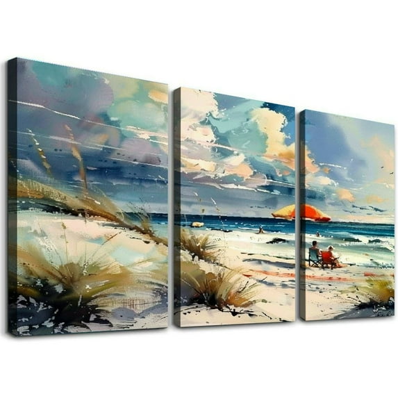 Nawypu Beach Wall Art Teal Blue Beach Scene Painting Wall Decor Bathroom Picture Watercolor Abstract Coastal Seascape Ocean Nature Landscape Canvas Artwork for Bedroom Living Room Home Decoration