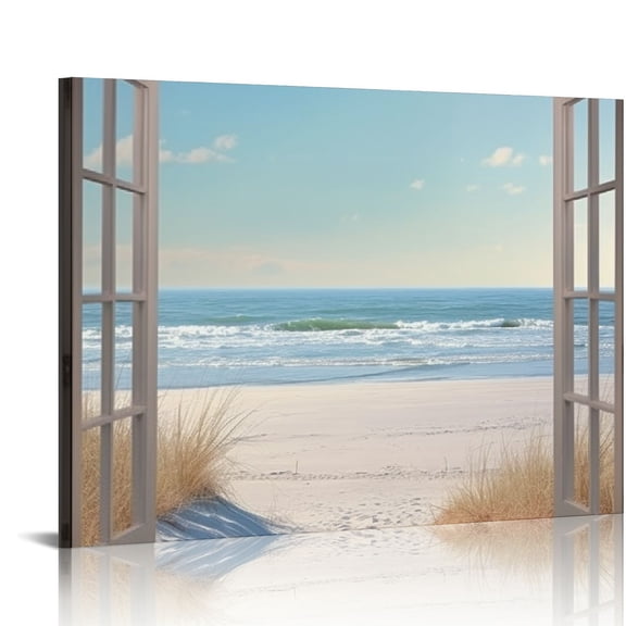 Nawypu Beach Window Wall Art Canvas: Relaxing Bedroom Living Room Blue Ocean Coastal Scene Picture Modern Tropical Sea Landscape Painting Print Decor Horizontal Summer Seascape Artwork 20x16in