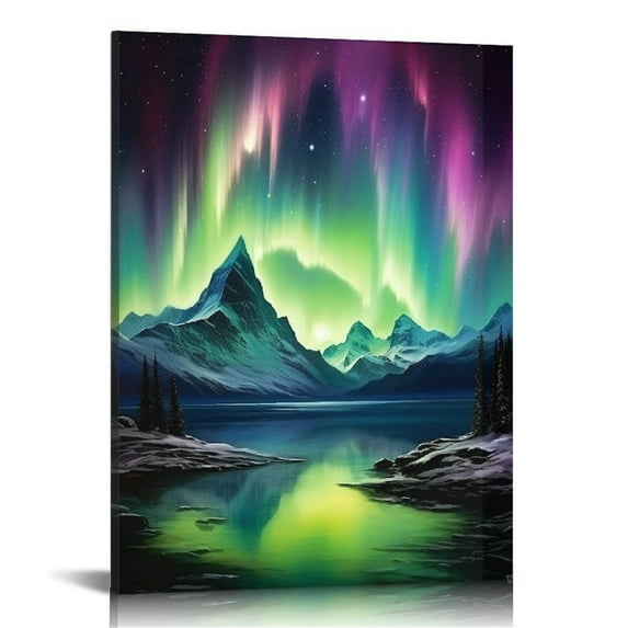 Nawypu Beautiful Northern Lights- Purple and Green Aurora Borealis Sky PRINT or CANVAS WALL ART - Mountain Landscape Home Decor