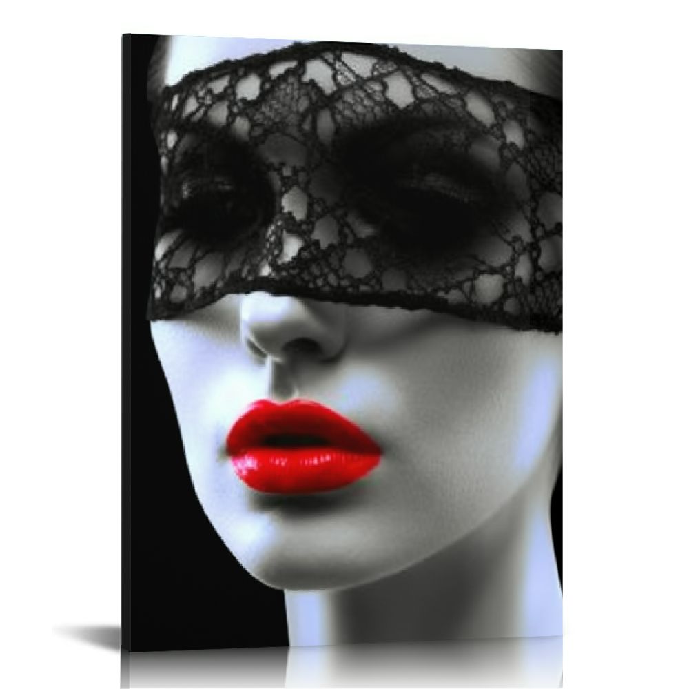 Tableau Toile Art Red Lips - Portrait Femme Avec Bijoux Argent - Plusieurs Tailles, Cadre Inclus