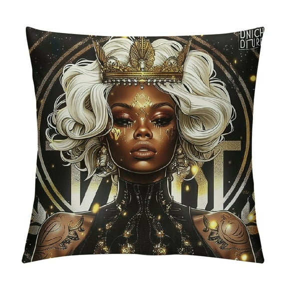 Nawypu Black Girl Throw Pillow Cover Blond Hair Golden Crown Queen Cushion Cover for Kids Teens Adults Lovely Silver Fallen Stars Romantic Cushion Case for Bedroom Couch RV
