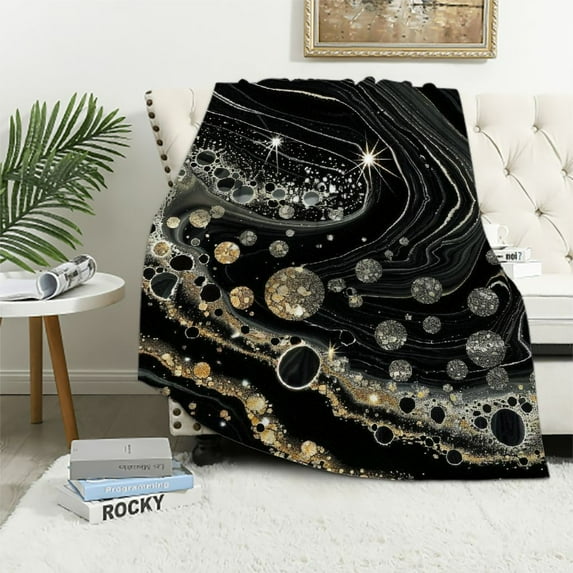 TIAOTIAOHOU Black Gloden Marble Flannel Glitter Diamond Plush Throw Blanket, for Sofa Couch Modern Marble Aesthetic Blanket Room Decor Stylish