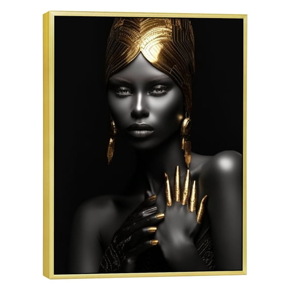 Nawypu Black Gold African American Woman Canvas Wall Art, Golden Print Picture Mural Artwork, Modern Framed Poster Girl Bedroom Living Room Home Decoration Ready to Hang