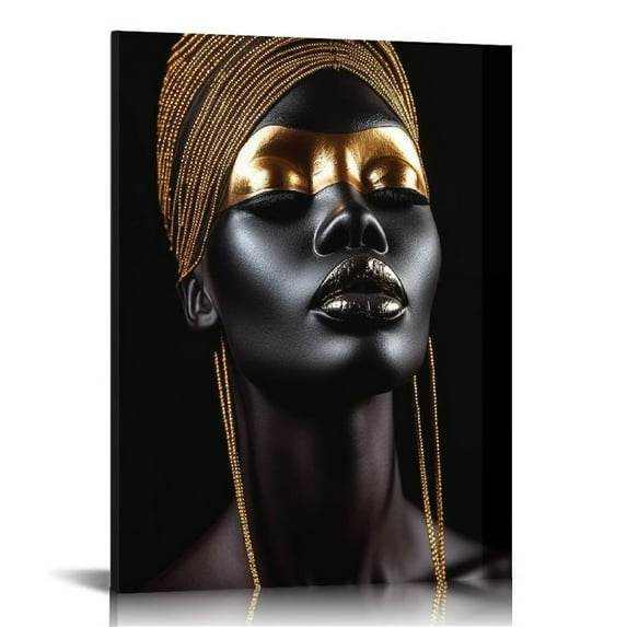 Nawypu Black and Golden Black Woman Portrait Artwork Home Decor Meditation African Girl Room Wall Art Canvas Painting for Living Room Wall Decor Frame 16x20in Bathroom Décoration