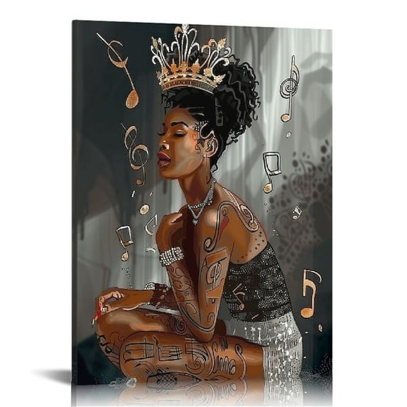 Nawypu Black Queen Music Hair Wall Art Abstract Canvas African Women Bedroom Office Artwork Painting Music Note Wall Decor Love Music and tattooed Poster Contemporary Home Decor Framed Ready to Hang