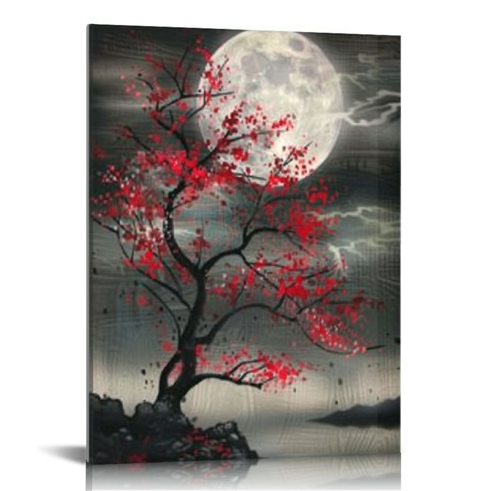 Nawypu Black and Red Canvas Wall Art Full Moon Red Flower Tree Painting Nature Landscape Artwork