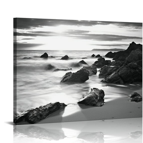 Nawypu Black and White Beach Wall Art Sea Sunrise Palm Tree Landscape Picture Painting on Canvas for Modern Home Living Room Decor Gallery Canvas Wrapped Ready to Hang 20x16 inch