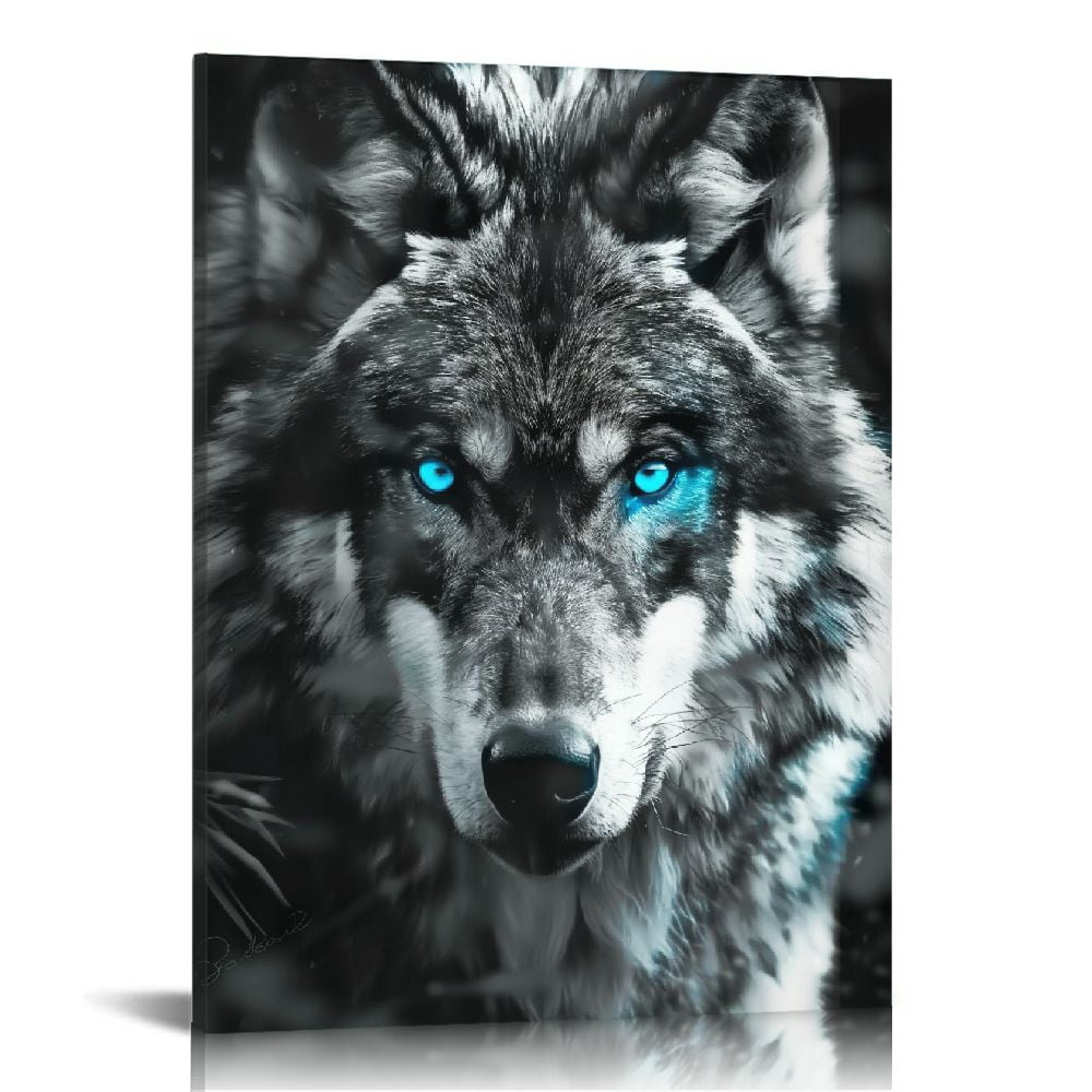 Nawypu Black and White Canvas Wall Art Blue Eye Wolf Pictures Print ...