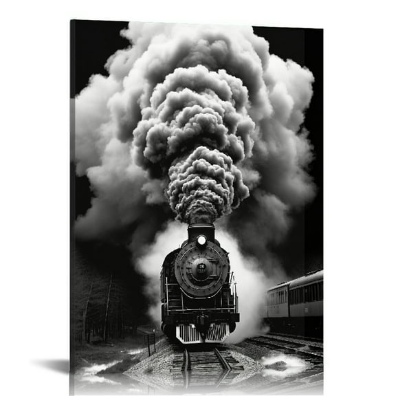 Nawypu Black and White Canvas Wall Art Print Steam Train Roaming on The Tracks Smokey Train Scenery Poster Decorative Painting for Living Room, Bedroom, Office
