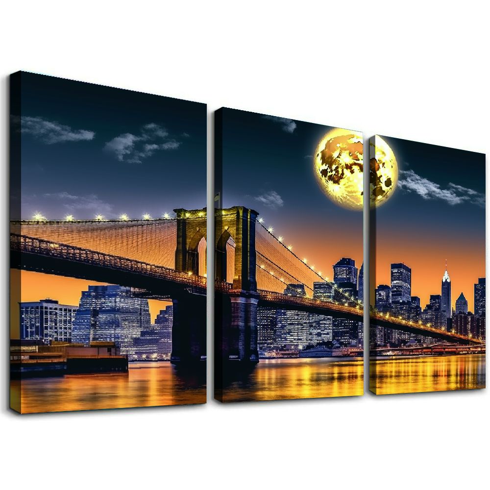Nawypu Black and White New York Canvas Prints Full Moon Night in