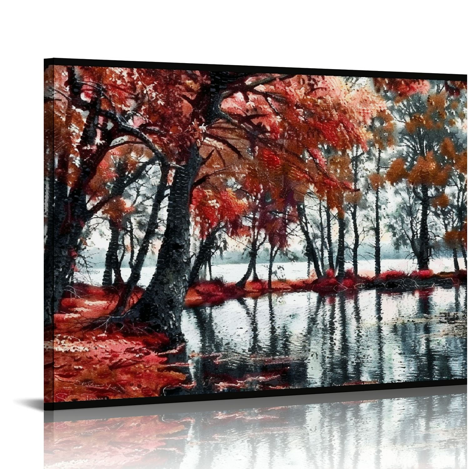 Nawypu Black and White Red Canvas Wall Art Autumn Tree Forest by Lake