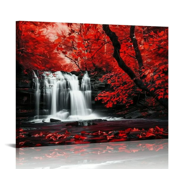 Nawypu  Black White and Red Wall Art Red Tree Waterfall Picture Canvas Landscape Print Artwork for Living Room Autumn Red Forest Water Wall Decor Painting Framed Ready to Hang