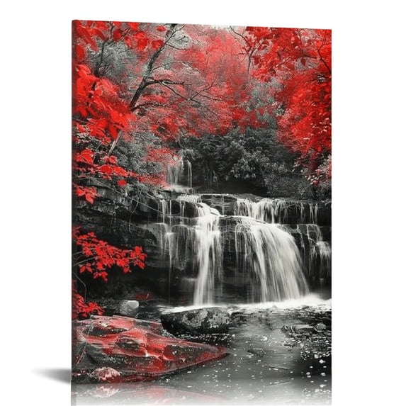 Nawypu Black and White Red Waterfall Canvas Prints Wall Art For Bathroom Home Decor Modern Landscape Red Woods Pictures Printing Paintings for Bedroom
