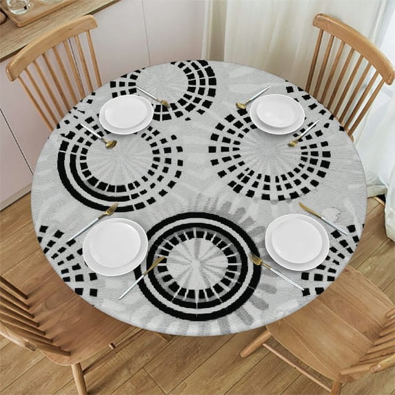 Nawypu Black White Tablecloth Overlay for Round Abstract Firework Circular Pattern Tablecloth Elastic Edge Fitted Table Cover Leaves Geometric Floral Tables